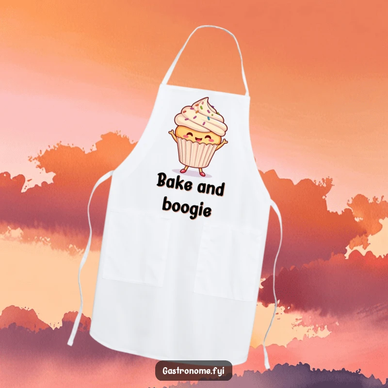 Funny dancing cupcake apron, a smiling cupcake with sprinkles doing a happy dance, perfect for culinary fun and protection with sweetness.