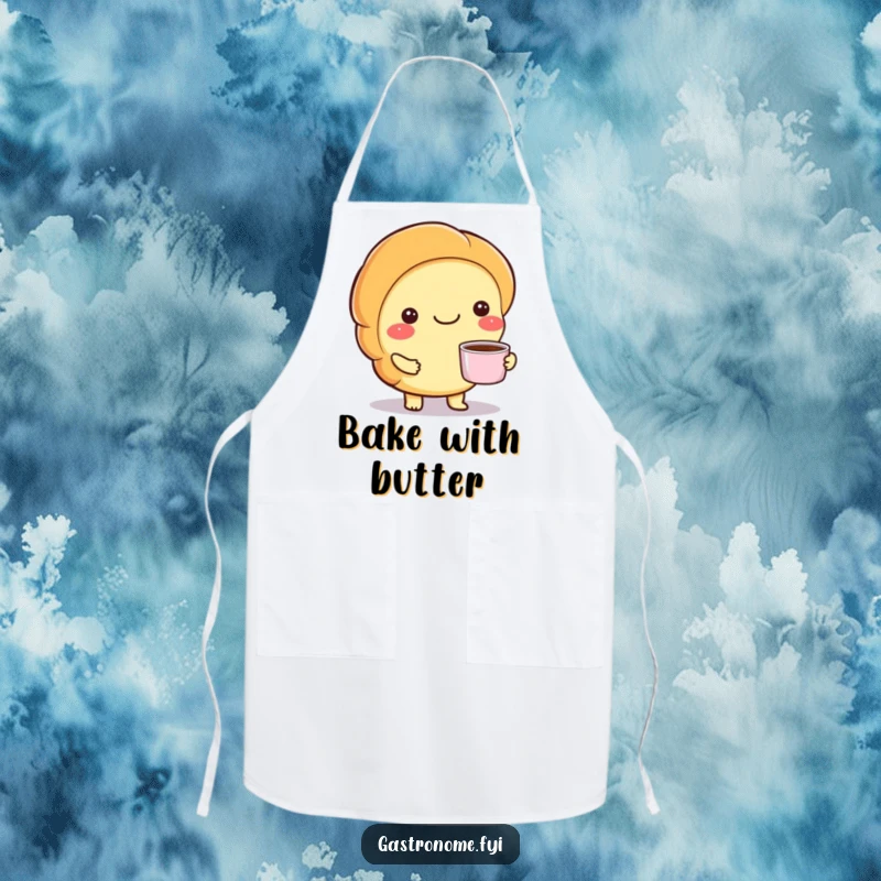 Funny apron with a smiling croissant character holding a tiny cup of coffee, ready for breakfast service.