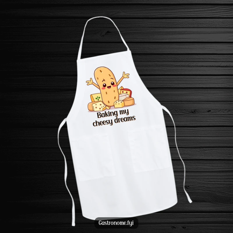 Funny chef apron with a smiling baguette character posing proudly next to gourmet cheeses, for humorous and stylish cooking.