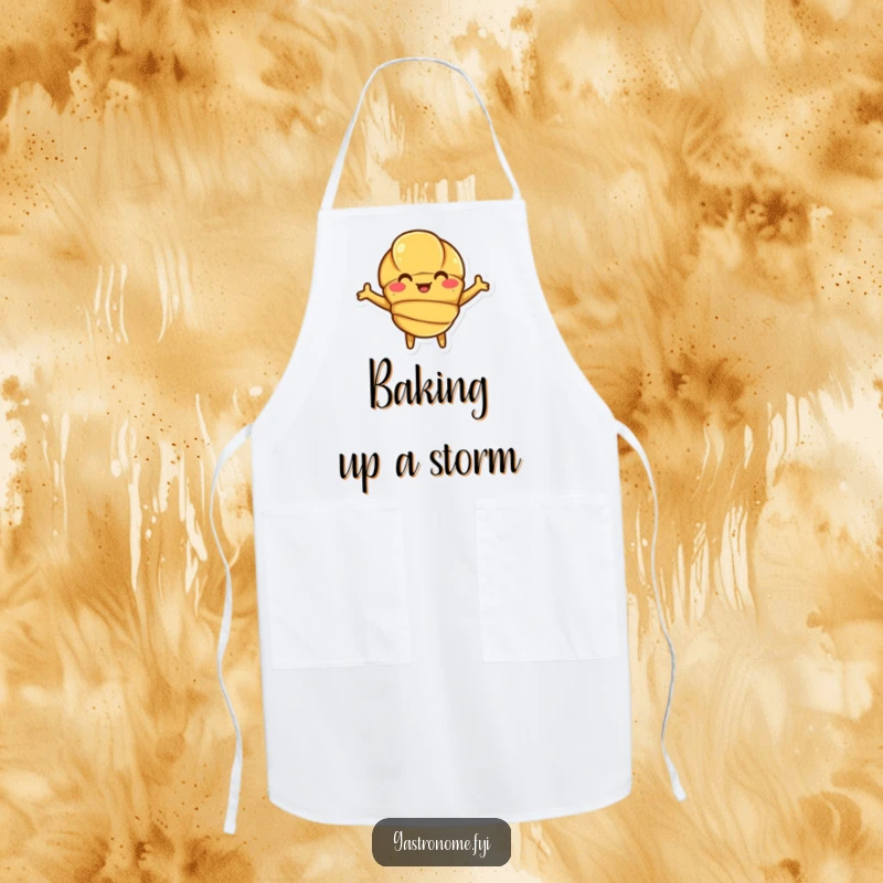 Funny Croissant Apron adorned with a smiling croissant character with open arms, ready for baking.