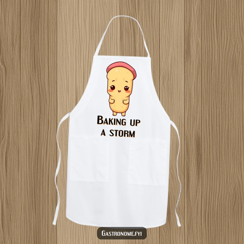 Funny apron showcasing a proud baguette character with a tiny beret, perfect for adding humor and style to kitchen activities.