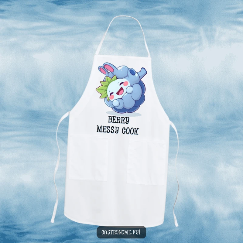 Funny giggling blueberry apron, a chef's accessory adorned with a playful fruit character doing a somersault, ideal for humorous cooking.