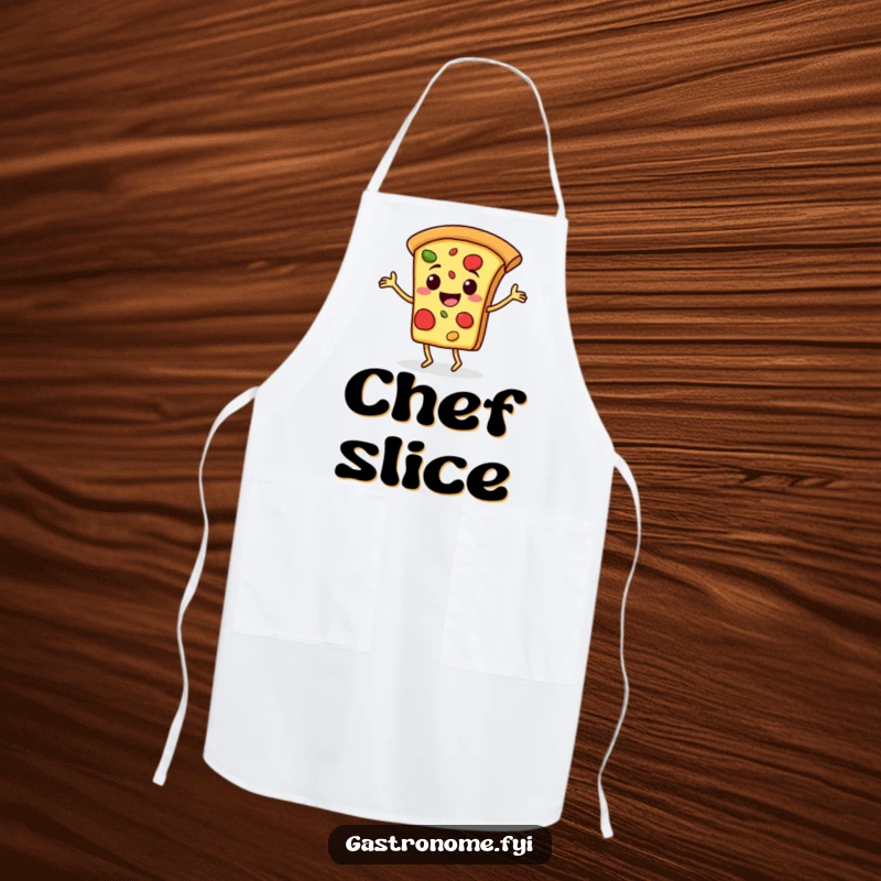 Funny apron with a cheerful pizza slice character happily jigging, ready to protect your clothes while you cook.
