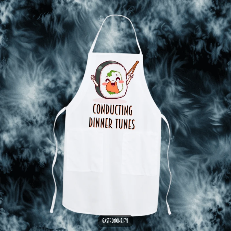 Funny sushi roll apron, depicting a smiling sushi character enthusiastically waving chopsticks like tiny batons, perfect for kitchen fun and gifting.