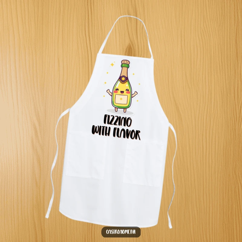 Funny apron displaying a beaming champagne bottle character, ready to add sparkle and humor to any culinary celebration.