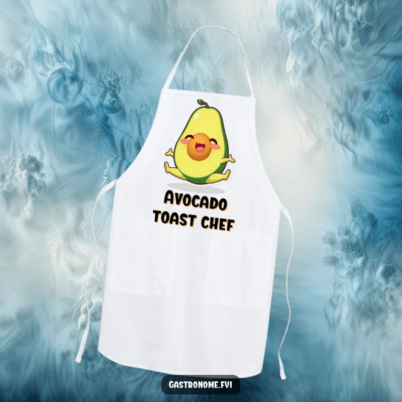 Funny apron depicting a happy avocado character in a split, ideal for chefs and home cooks who love healthy humor.