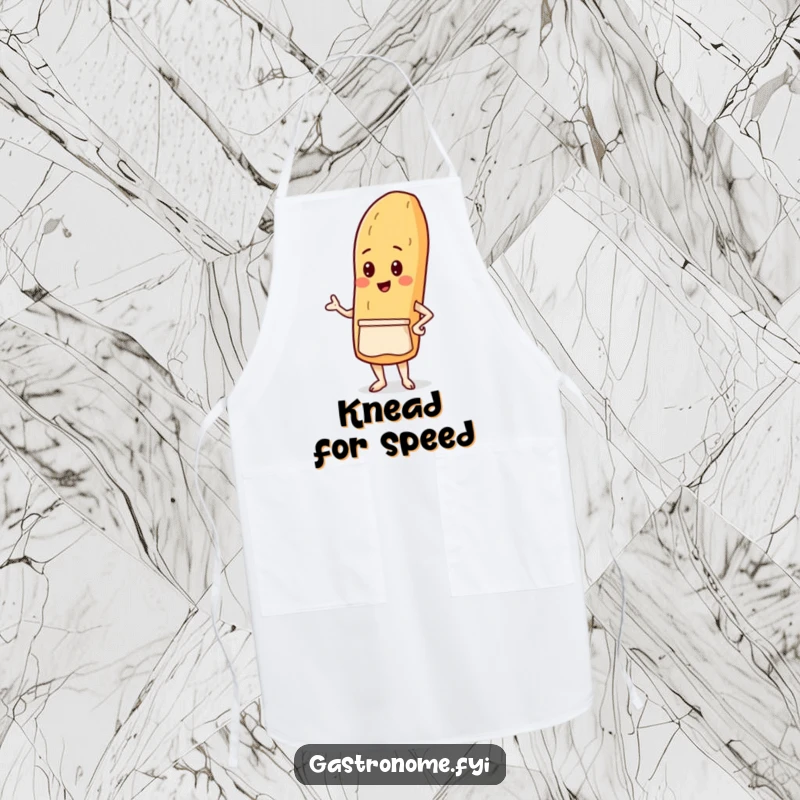 Funny apron showing a proud baguette character wearing a tiny apron, embodying a passionate and humorous baker.