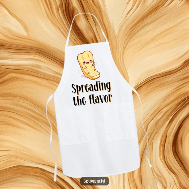 Funny Apron depicting a smiling baguette character sliding down butter. Ideal for kitchen fun and baking.