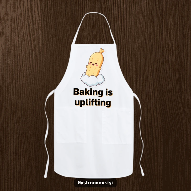 Funny apron showing a pleased baguette character floating on a steam cloud, great for baking and kitchen fun with a bread theme.