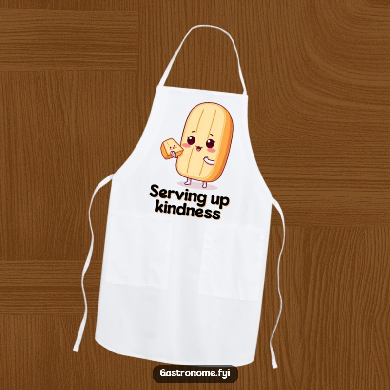 Funny Apron: A proud baguette character offers a perfect slice of bread, providing a funny and practical accessory for bakers.