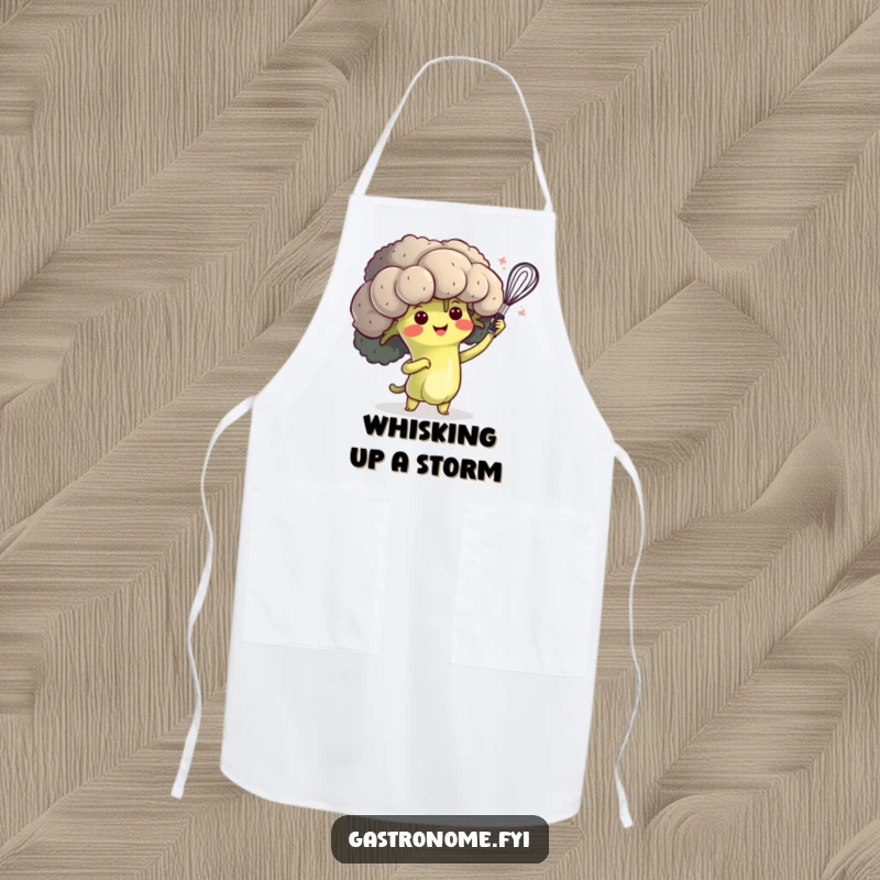 Funny apron featuring a happy broccoli character doing a dramatic whisk flourish, ideal for kitchen performance.