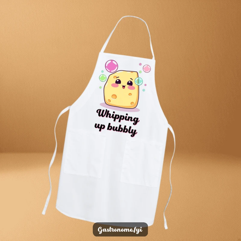Funny cheese wedge character blowing rainbow bubbles, adorning a practical and humorous apron for chefs.