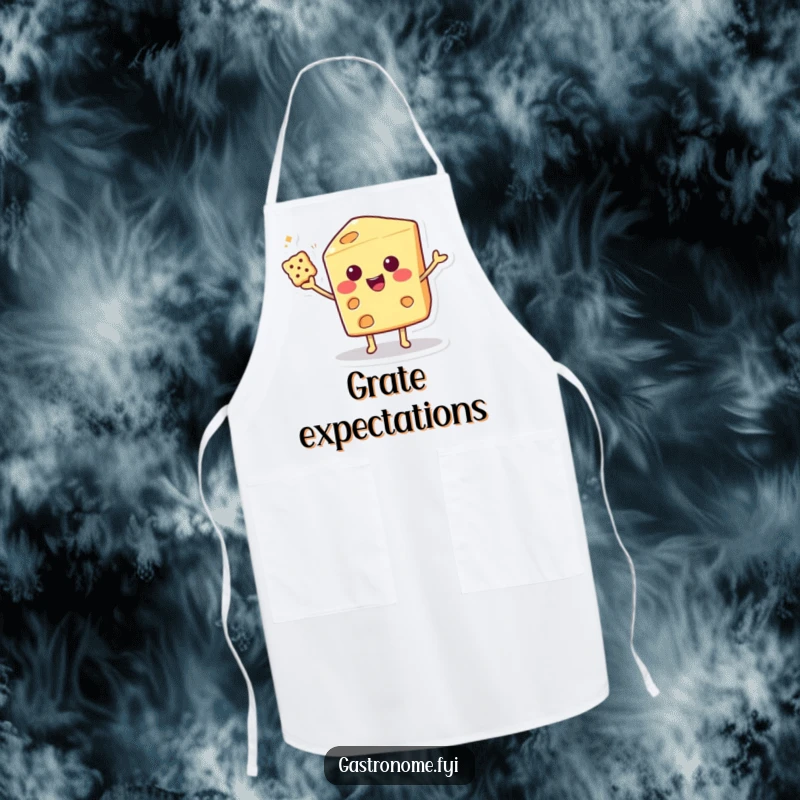Funny Kitchen Apron featuring a smiling cheese wedge character balancing a cracker with flair, great for humorous cooking.