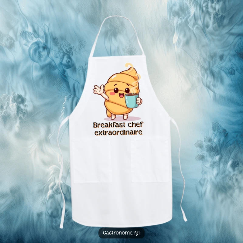 Funny apron featuring a cheerful croissant character gesturing towards a steaming cup, ideal for breakfast baking.