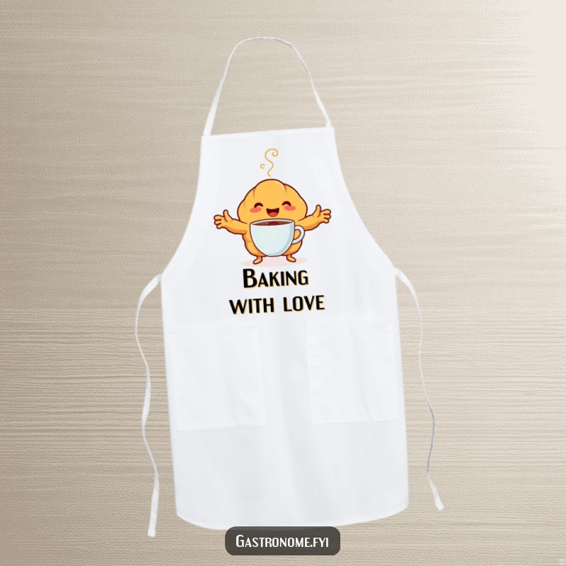 Funny Apron depicting a happy croissant character embracing a steaming coffee cup. Ideal for kitchen fun and baking.