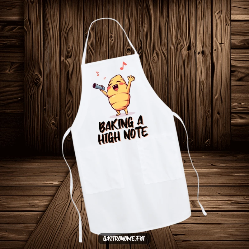 Funny croissant character performing an opera high note while wearing a chef's hat on a protective and humorous kitchen apron.