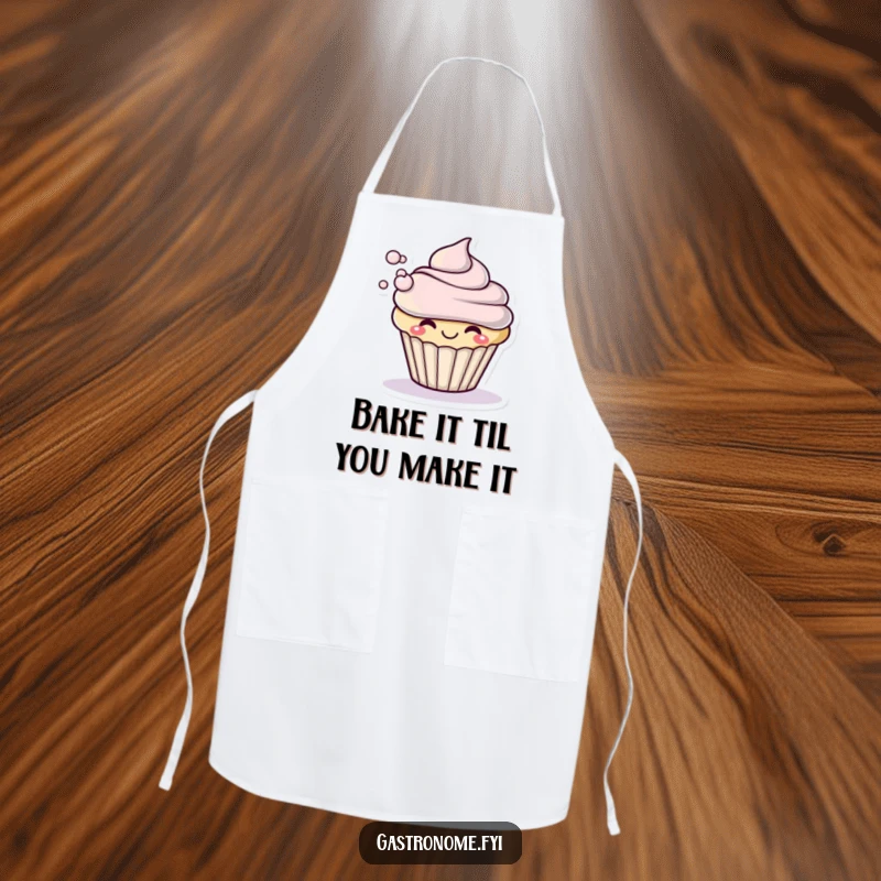 Funny apron showing a smiling cupcake character dramatically blowing a small puff of frosting, perfect for kitchen activities.