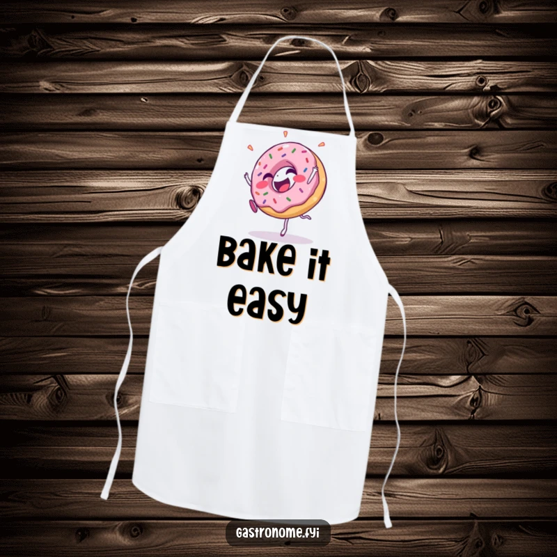 Funny apron with a giggling donut character covered in sprinkles, performing a cartwheel, ready for kitchen fun.