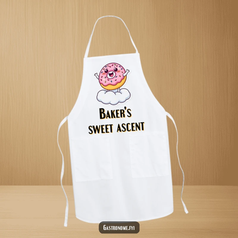 Funny Apron: A happy, sprinkled donut character bounces on a sugar cloud, adding a funny and sweet touch to kitchen wear.