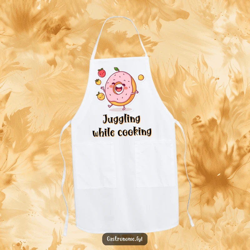 Funny donut character apron cheerfully juggling three tiny fruits, perfect for adding humor to kitchen tasks.