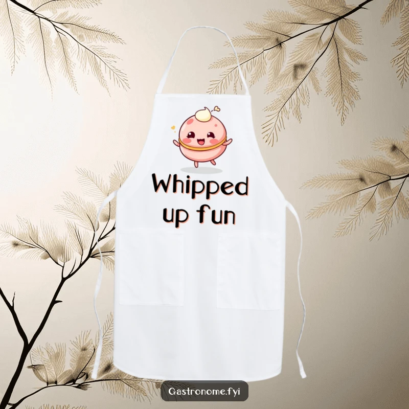 Funny apron featuring a giggling, bouncing macaroon character with a cream dollop, great for kitchen humor.