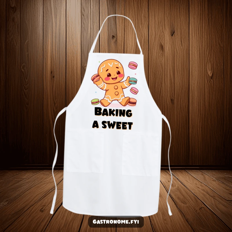 Funny gingerbread man character playfully juggling macarons, featured on a protective and humorous kitchen apron, perfect for gifts.