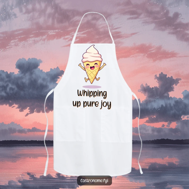 Funny ice cream cone character in a joyful leap, adorning a practical apron for happy cooking sessions.