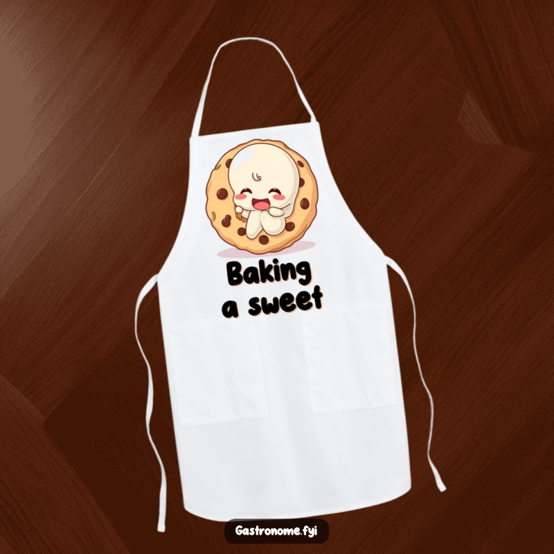 Funny wobbly jelly character taking a huge bite out of a cookie on a protective and humorous kitchen apron.