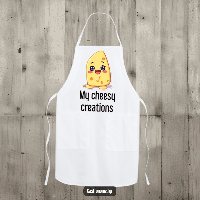 Funny apron featuring a cheerful cheese character melting with glee, adding fun to cooking and cheese-making.