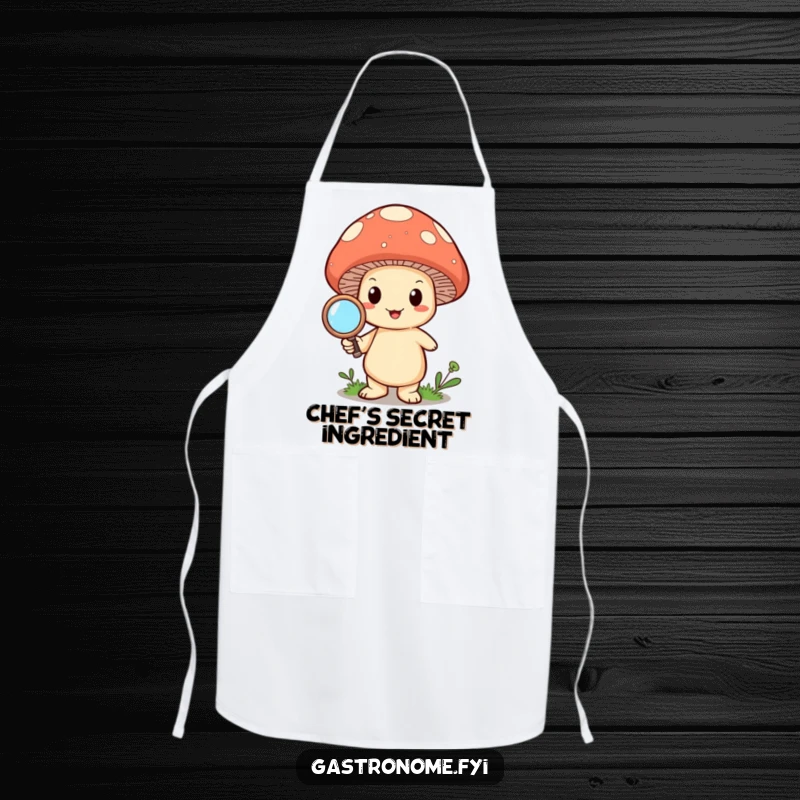 Funny happy mushroom character holding a magnifying glass, adorning a practical and humorous apron for chefs.