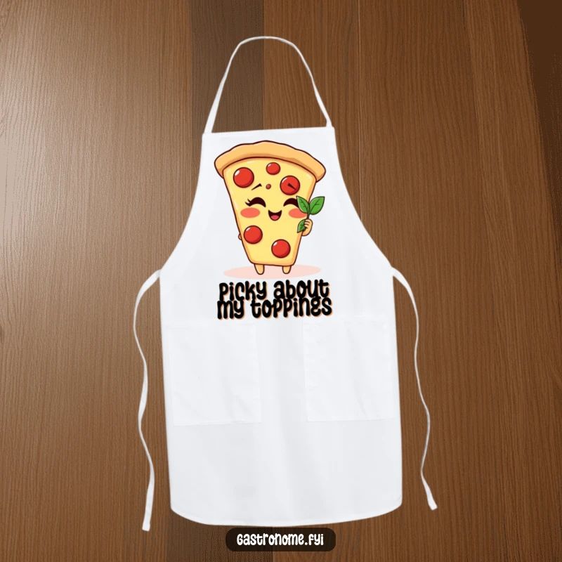 Funny giggling pizza slice character apron admiring a tiny basil leaf, ideal for adding gourmet humor to cooking.