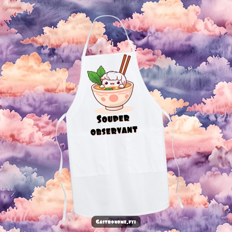 Funny Apron: A curious ramen bowl character peeks over its broth, offering a funny and practical accessory for foodies.