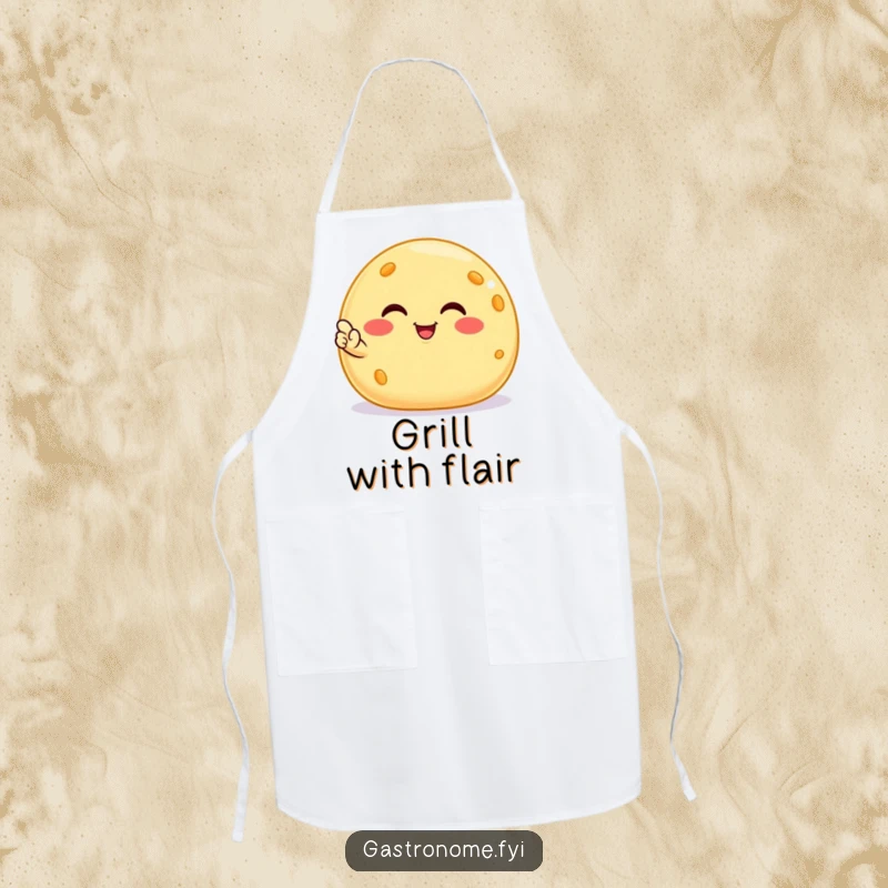 Funny smiling cheese ball apron, a chef's accessory adorned with a satisfied snack character giving a nod, ideal for humorous cooking.