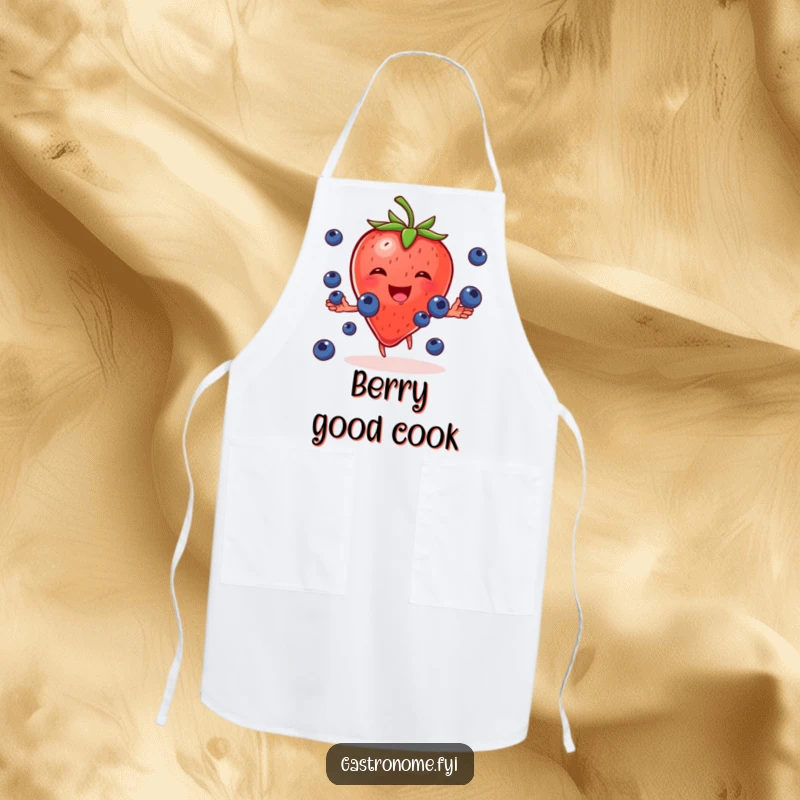 Funny apron showing a cheerful strawberry character gleefully juggling small blueberries, perfect for kitchen activities.
