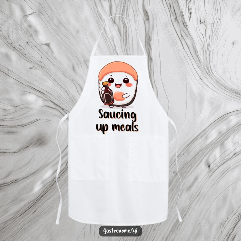 Funny apron design showing a happy sushi character holding a miniature soy sauce bottle, great for cooking.