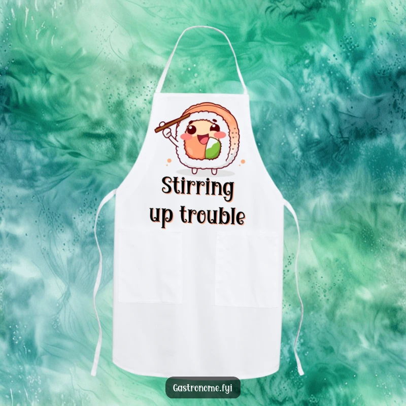 Funny Apron depicting a joyful sushi roll character enthusiastically gesturing with chopsticks while cooking. Perfect for kitchen fun.