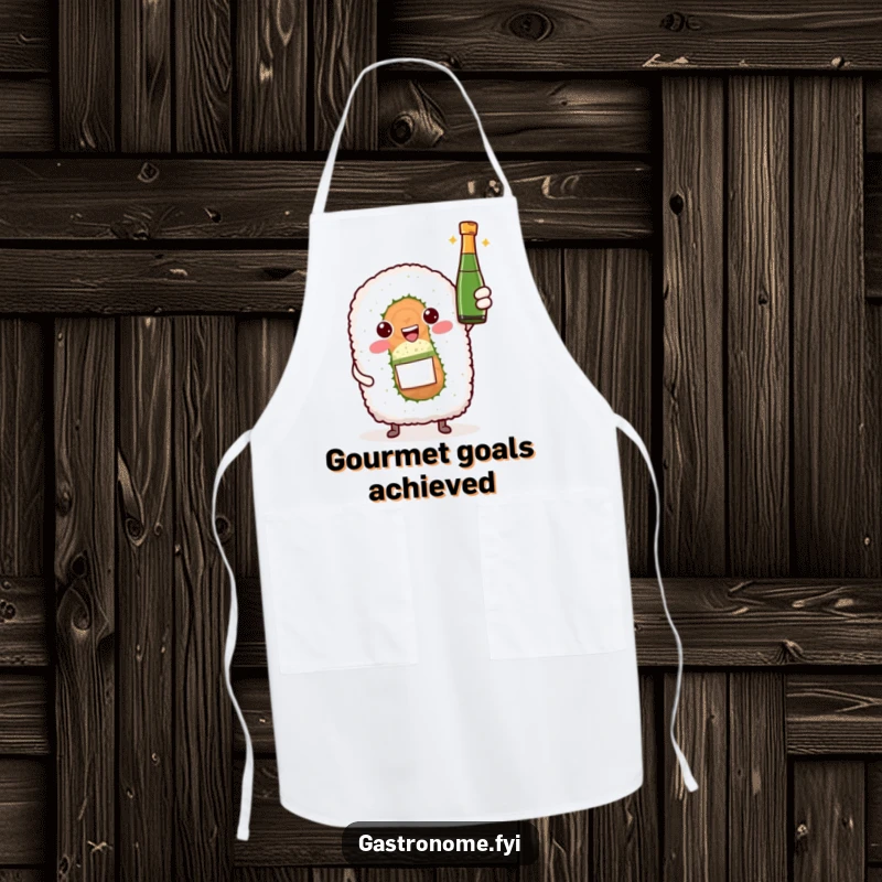 Funny apron with a sushi roll character proudly presenting a tiny bottle of sparkling wine, bringing festive fun to the kitchen.