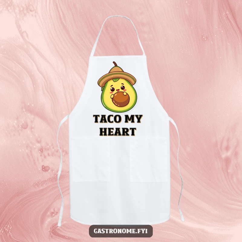 Funny Apron depicting a curious taco character in a sombrero, peeking from behind a giant avocado. Ideal for kitchen fun.