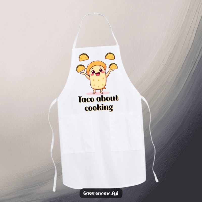 Funny apron showing a cheerful taco character juggling mini tacos, embodying a fun-loving and skilled taco chef.