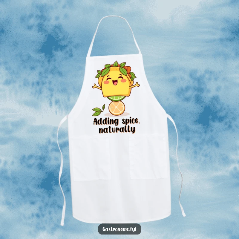 Funny thrilled taco character balancing a lime, adorning a practical and humorous apron for chefs.
