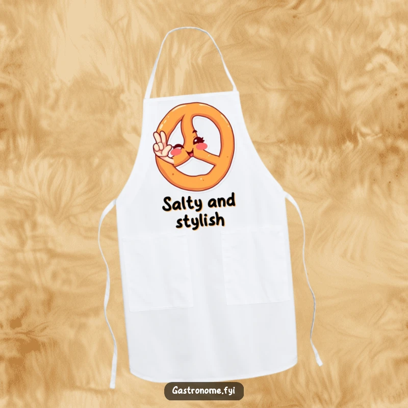 Funny apron displaying a winking pretzel character in a cool salute, perfect for adding humor to cooking and kitchen activities.