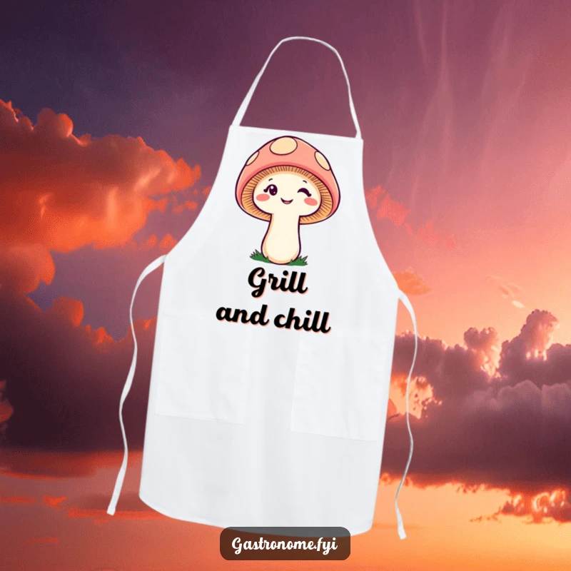 Funny cheeky mushroom apron, a chef's accessory adorned with a winking fungi character, ideal for humorous and playful cooking.