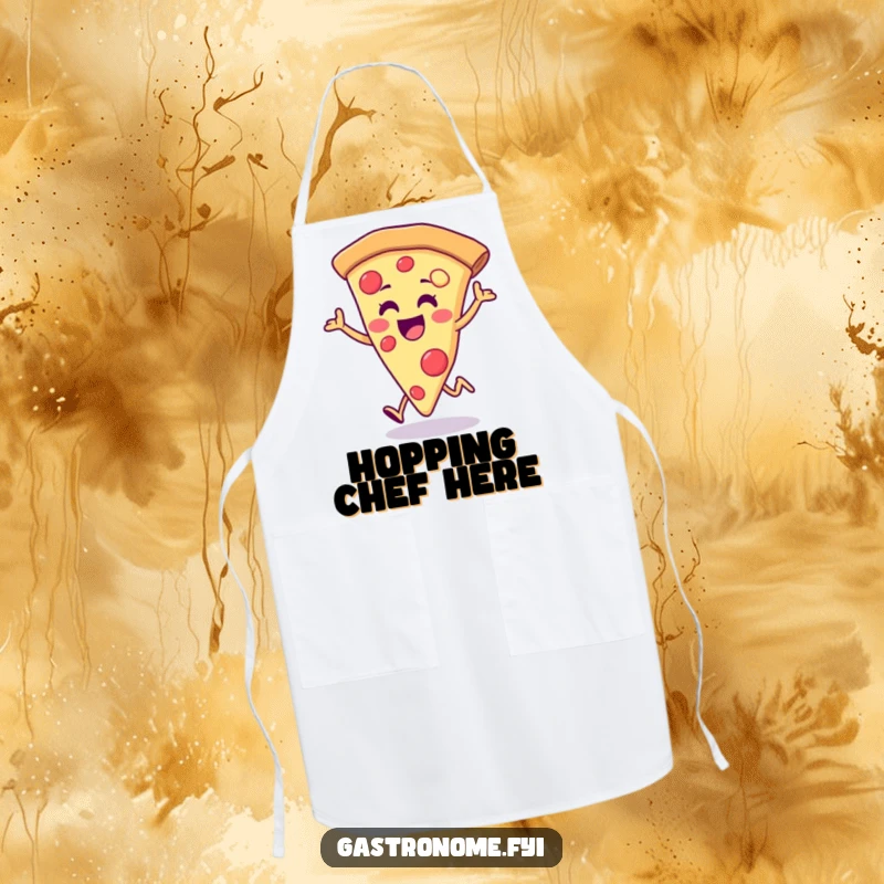 Funny pizza slice apron, depicting a joyful pizza slice doing a happy little hop, perfect for kitchen fun and cooking.
