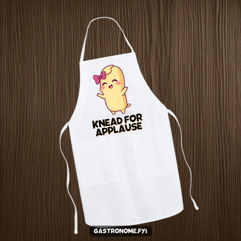 Funny apron with a cheerful baguette character taking a dramatic bow with a flourish, bringing theatrical fun to the kitchen.