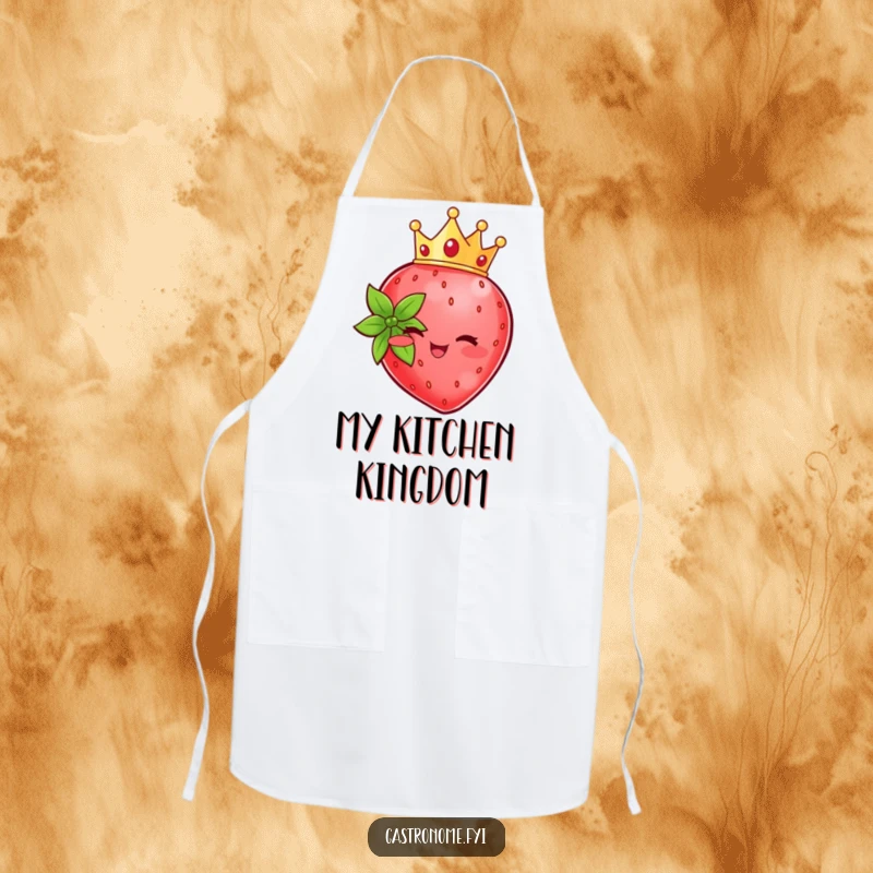 Funny beaming strawberry character wearing a crown, featured on a functional and humorous apron for chefs.