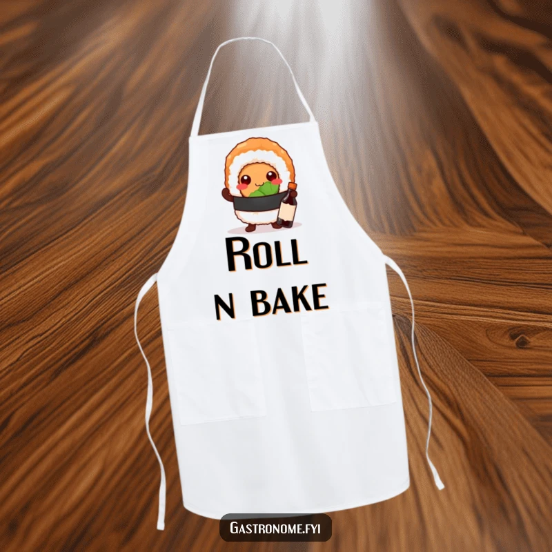 Funny apron with a proud sushi roll character posing with a tiny soy sauce bottle, ready to add flavor to your cooking.