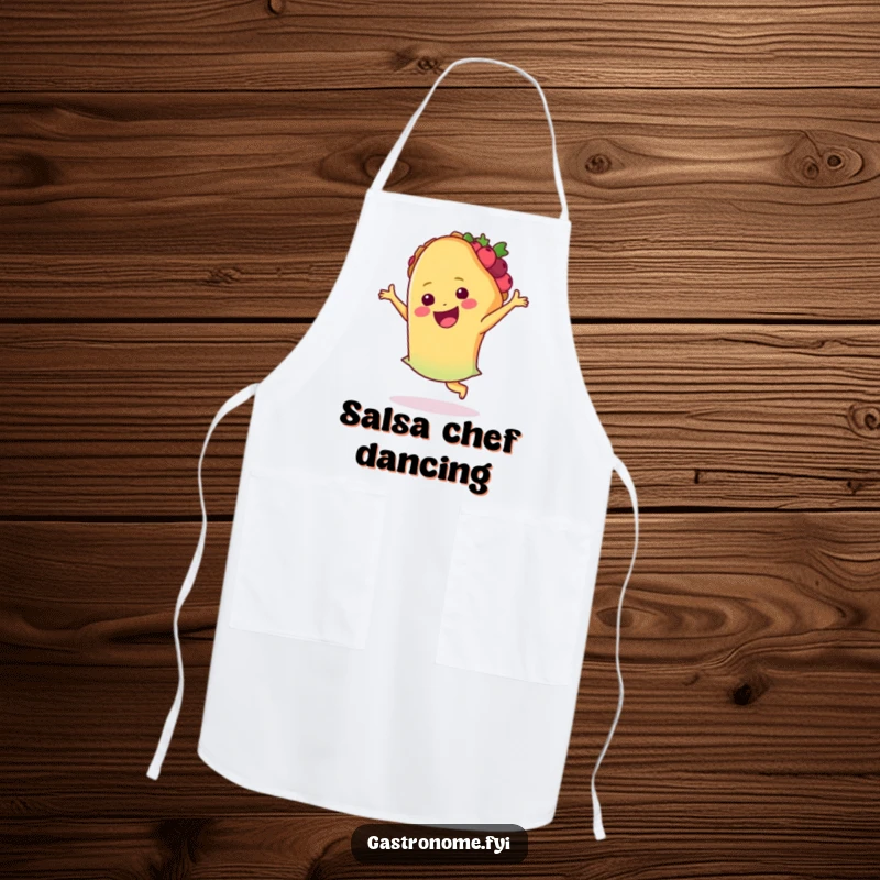 Funny taco apron, depicting a happy taco energetically performing a joyful salsa dance, perfect for kitchen fun and cooking.