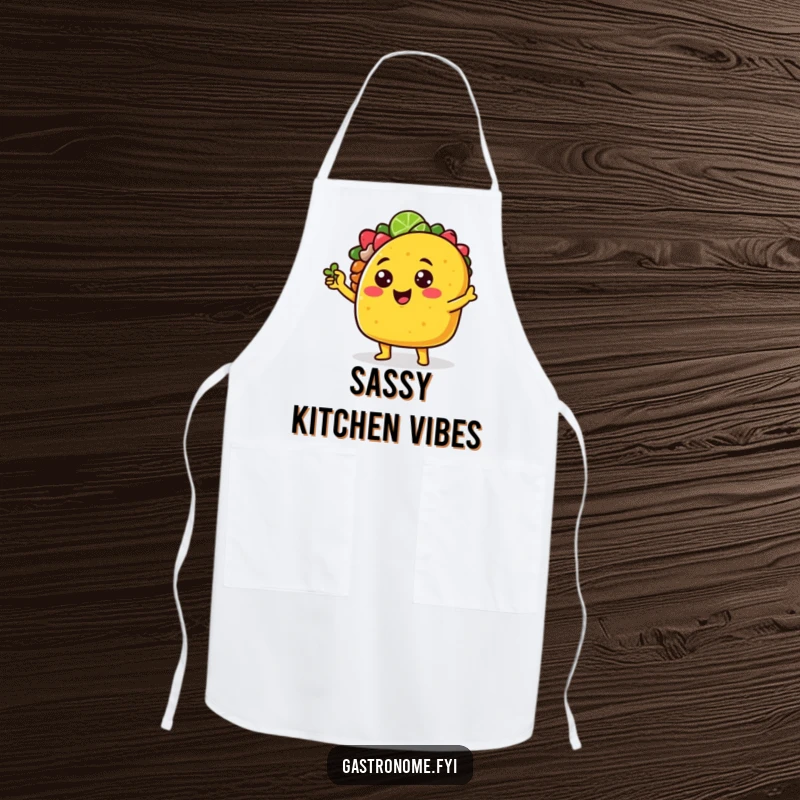 Funny cheerful taco character apron striking a sassy pose with a tiny lime wedge, perfect for adding sassy humor to cooking.