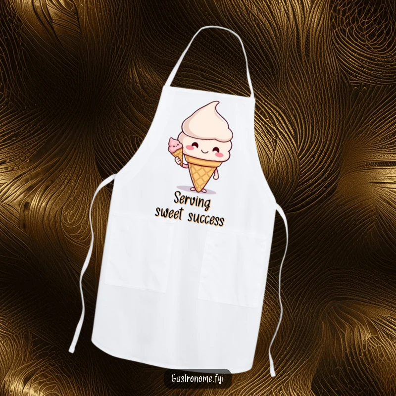Funny apron showing a smiling ice cream cone character offering a cone, embodying a sweet and cheerful kitchen helper.