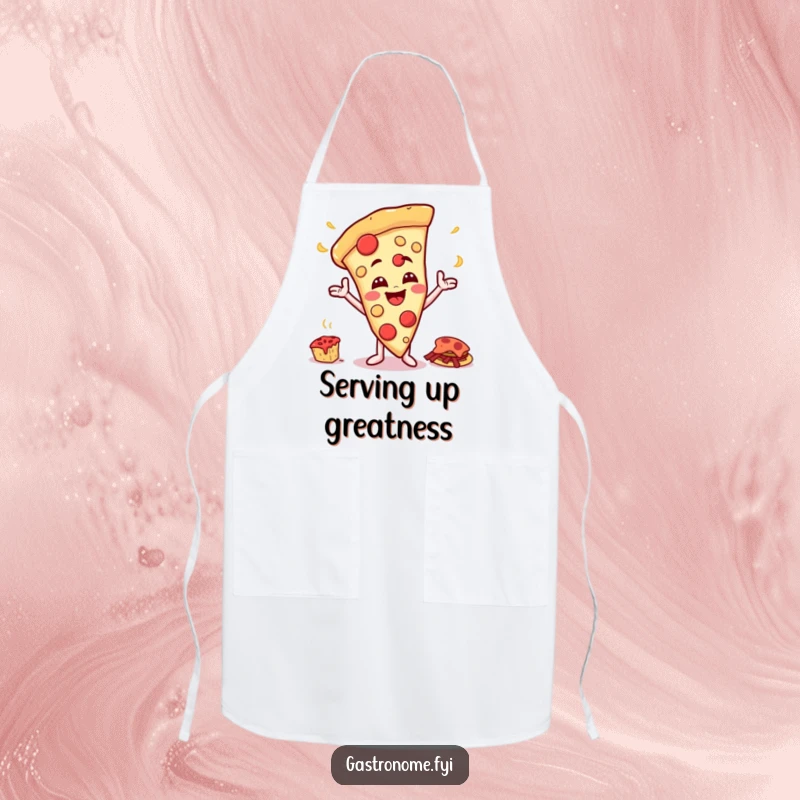 Funny apron featuring a happy pizza slice character with a cheesy grin gesturing towards a giant feast, perfect for kitchen humor.